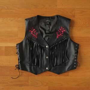 Urban Outfitters Mari Vegan Leather Fringe Vest Black Floral Embroidery Wo's L